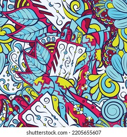 Tracery seamless pattern. Mehndi design. 7 colors. Ethnic colorful doodle texture. Curved doodling background. Vector