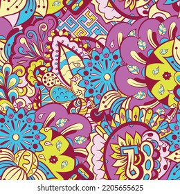 Tracery seamless pattern. Mehndi design. 6 colors. Ethnic colorful doodle texture. Curved doodling background. Vector