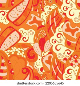 Tracery seamless pattern. Mehndi design. 6 colors. Ethnic colorful doodle texture. Curved doodling background. Vector