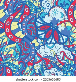 Tracery seamless pattern. Mehndi design. 6 colors. Ethnic colorful doodle texture. Curved doodling background. Vector