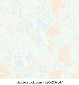 Tracery seamless pattern. Mehndi design. Pastel. 6 colors. Ethnic doodle texture. Curved doodling background. Vector