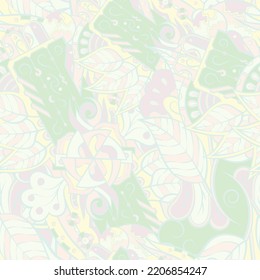 Tracery seamless pattern. Mehndi design. Pastel. 7 colors. Ethnic doodle texture. Curved doodling background. Vector