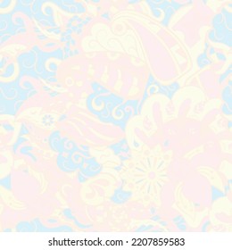 Tracery seamless pattern. Mehndi design. Pastel. 6 colors. Ethnic colorful doodle texture. Curved doodling background. Vector