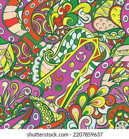 Tracery seamless pattern. Mehndi design. Ethnic colorful doodle texture. Curved doodling background. Vector