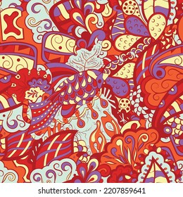 Tracery seamless pattern. Mehndi design. 6 colors. Ethnic colorful doodle texture. Curved doodling background. Vector
