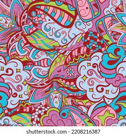 Tracery seamless pattern. Mehndi design. 6 colors. Ethnic colorful doodle texture. Curved doodling background. Vector