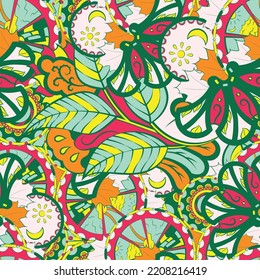 Tracery seamless pattern. Mehndi design. 6 colors. Ethnic colorful doodle texture. Curved doodling background. Vector