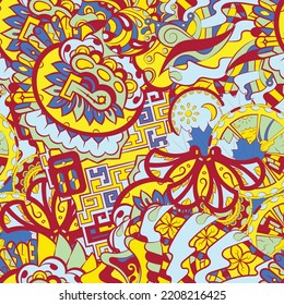 Tracery seamless pattern. Mehndi design. Ethnic colorful doodle texture. Curved doodling background. Vector