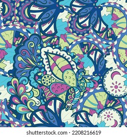 Tracery seamless pattern. Mehndi design. Ethnic colorful doodle texture. Curved doodling background. Vector