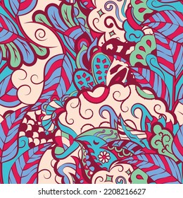Tracery seamless pattern. Mehndi design. Ethnic colorful doodle texture. Curved doodling background. Vector