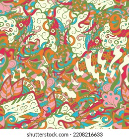 Tracery seamless pattern. Mehndi design. 6 colors. Ethnic colorful doodle texture. Curved doodling background. Vector