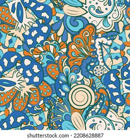 Motif harmonieux de trace. Design Mehndi. 7 couleurs. Texture ethnique de doodle. Arrière-plan gribouillage courbe. Image vectorielle