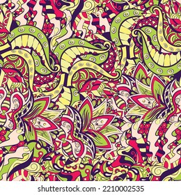 Tracery seamless pattern. Mehndi design. 6 colors. Ethnic doodle texture. Curved doodling background. Vector