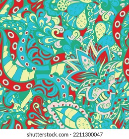 Tracery seamless pattern. Mehndi design. 6 colors. Ethnic doodle texture. Curved doodling background. Vector