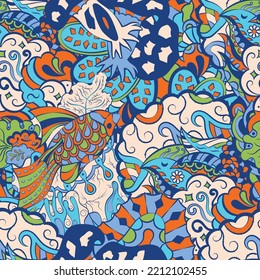 Tracery seamless pattern. Mehndi design. 6 colors. Ethnic doodle texture. Curved doodling background. Vector