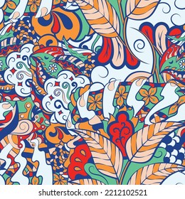 Tracery seamless pattern. Mehndi design. 6 colors. Ethnic doodle texture. Curved doodling background. Vector