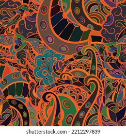 Motif harmonieux de trace. Design Mehndi. Couleurs vives foncées. Texture ethnique de doodle. Arrière-plan gribouillage courbe. Image vectorielle