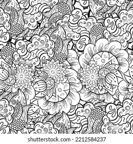 Tracery seamless pattern. Mehndi design. Binary monochrome black and white. Ethnic doodle texture. Curved doodling background. Vector