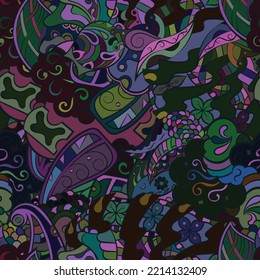 Tracery seamless pattern. Mehndi design. Dark sharp colors. Ethnic doodle texture. Curved doodling background. Vector