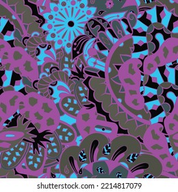 Tracery seamless pattern. Mehndi design. Dark sharp colors. 6 colors. Ethnic doodle texture. Curved doodling background. Vector