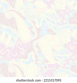 Tracery seamless pattern. Mehndi design. Pastel. 6 colors. Ethnic doodle texture. Curved doodling background. Vector