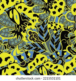 Tracery seamless pattern. Mehndi design. Dark sharp colors. 6 colors. Ethnic doodle texture. Curved doodling background. Vector