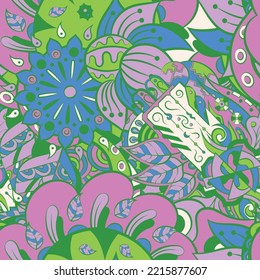 Tracery seamless pattern. Mehndi design. 6 colors. Ethnic doodle texture. Curved doodling background. Vector