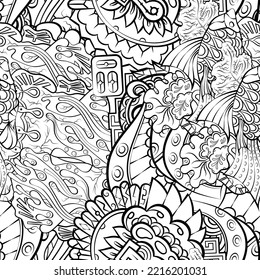 Tracery seamless pattern. Mehndi design. Binary monochrome black and white. Ethnic doodle texture. Curved doodling background. Vector