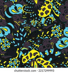 Tracery seamless pattern. Mehndi design. Dark sharp colors. 7 colors. Ethnic doodle texture. Curved doodling background. Vector