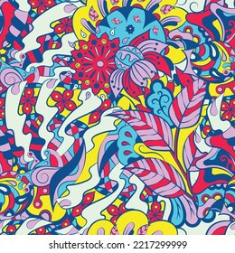 Tracery seamless pattern. Mehndi design. 6 colors. Ethnic doodle texture. Curved doodling background. Vector