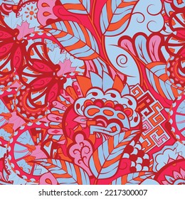 Tracery seamless pattern. Mehndi design. 6 colors. Ethnic doodle texture. Curved doodling background. Vector