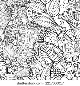 Tracery seamless pattern. Mehndi design. Binary monochrome black and white. Ethnic doodle texture. Curved doodling background. Vector