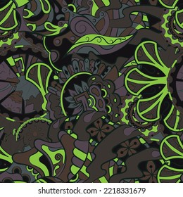Tracery seamless pattern. Mehndi design. Dark sharp colors. 7 colors. Ethnic doodle texture. Curved doodling background. Vector