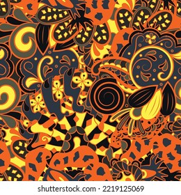 Tracery seamless pattern. Mehndi design. Dark sharp colors. 6 colors. Ethnic doodle texture. Curved doodling background. Vector