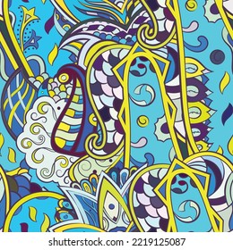 Tracery seamless pattern. Mehndi design. Ethnic doodle texture. Curved doodling background. Vector