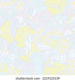 Tracery seamless pattern. Mehndi design. Pastel. 7 colors. Ethnic doodle texture. Curved doodling background. Vector