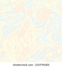 Tracery seamless pattern. Mehndi design. Pastel. 6 colors. Ethnic doodle texture. Curved doodling background. Vector