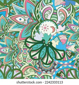 Tracery seamless pattern. Mehndi design. Ethnic doodle texture. Curved doodling background. Vector