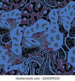 Tracery seamless pattern. Mehndi design. Dark sharp colors. 6 colors. Ethnic doodle texture. Curved doodling background. Vector