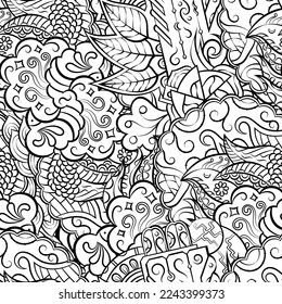 Tracery seamless pattern. Mehndi design. Binary monochrome black and white. Ethnic doodle texture. Curved doodling background. Vector