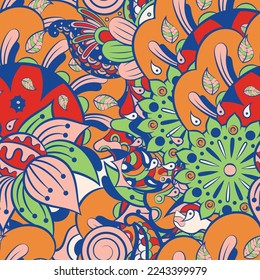 Tracery seamless pattern. Mehndi design. 6 colors. Ethnic doodle texture. Curved doodling background. Vector