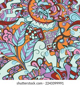 Tracery seamless pattern. Mehndi design. 7 colors. Ethnic doodle texture. Curved doodling background. Vector