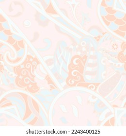 Tracery seamless pattern. Mehndi design. Pastel. 7 colors. Ethnic doodle texture. Curved doodling background. Vector