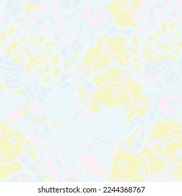 Tracery seamless pattern. Mehndi design. Pastel. 6 colors. Ethnic doodle texture. Curved doodling background. Vector