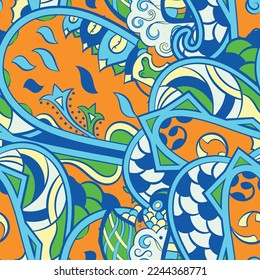 Tracery seamless pattern. Mehndi design. 6 colors. Ethnic doodle texture. Curved doodling background. Vector