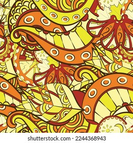 Tracery seamless pattern. Mehndi design. 7 colors. Ethnic doodle texture. Curved doodling background. Vector