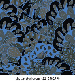 Tracery seamless pattern. Mehndi design. Dark sharp colors. 6 colors. Ethnic doodle texture. Curved doodling background. Vector