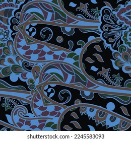 Tracery seamless pattern. Mehndi design. Dark sharp colors. 6 colors. Ethnic doodle texture. Curved doodling background. Vector
