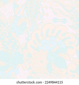 Tracery seamless pattern. Mehndi design. Pastel. 7 colors. Ethnic doodle texture. Curved doodling background. Vector