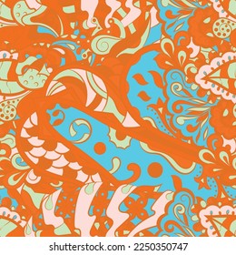 Tracery seamless pattern. Mehndi design. 6 colors. Ethnic doodle texture. Curved doodling background. Vector